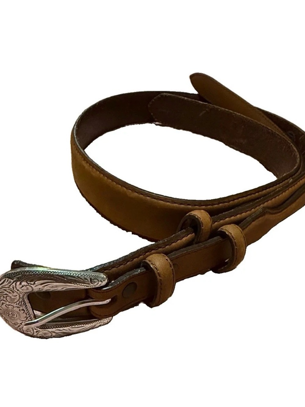 Silver Creek Leather Western Belt Brown Silver Buckle Billet Overlay 34 Women